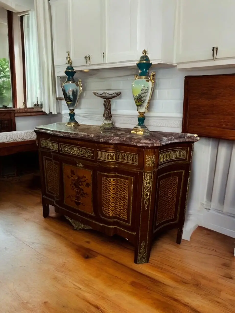 Marble Top French Floral Inlaid Sideboard 1