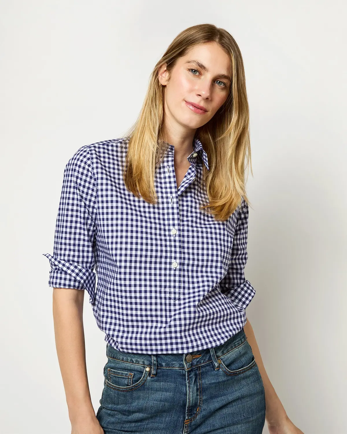 Tomboy Popover Shirt In Navy Gingham Poplin 1