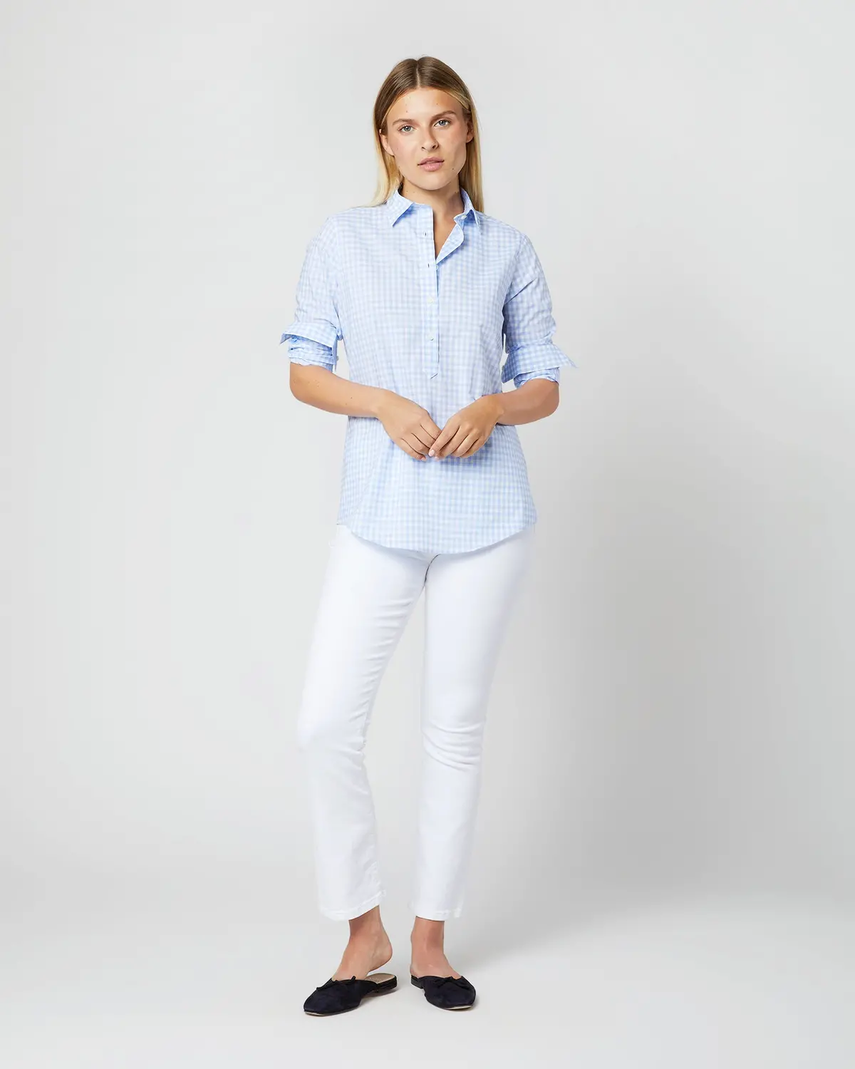 Tomboy Popover Shirt In Sky Blue Gingham Poplin 3