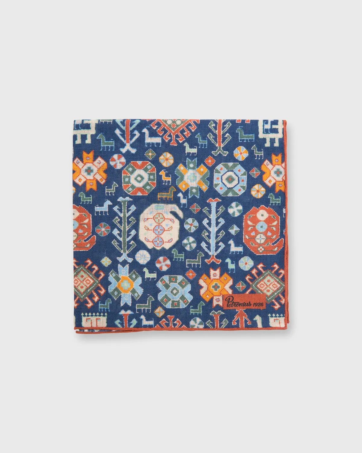 Linen Pocket Square In Navy/Ecru/Oregano/Sky/Brick Aztec Motif 1