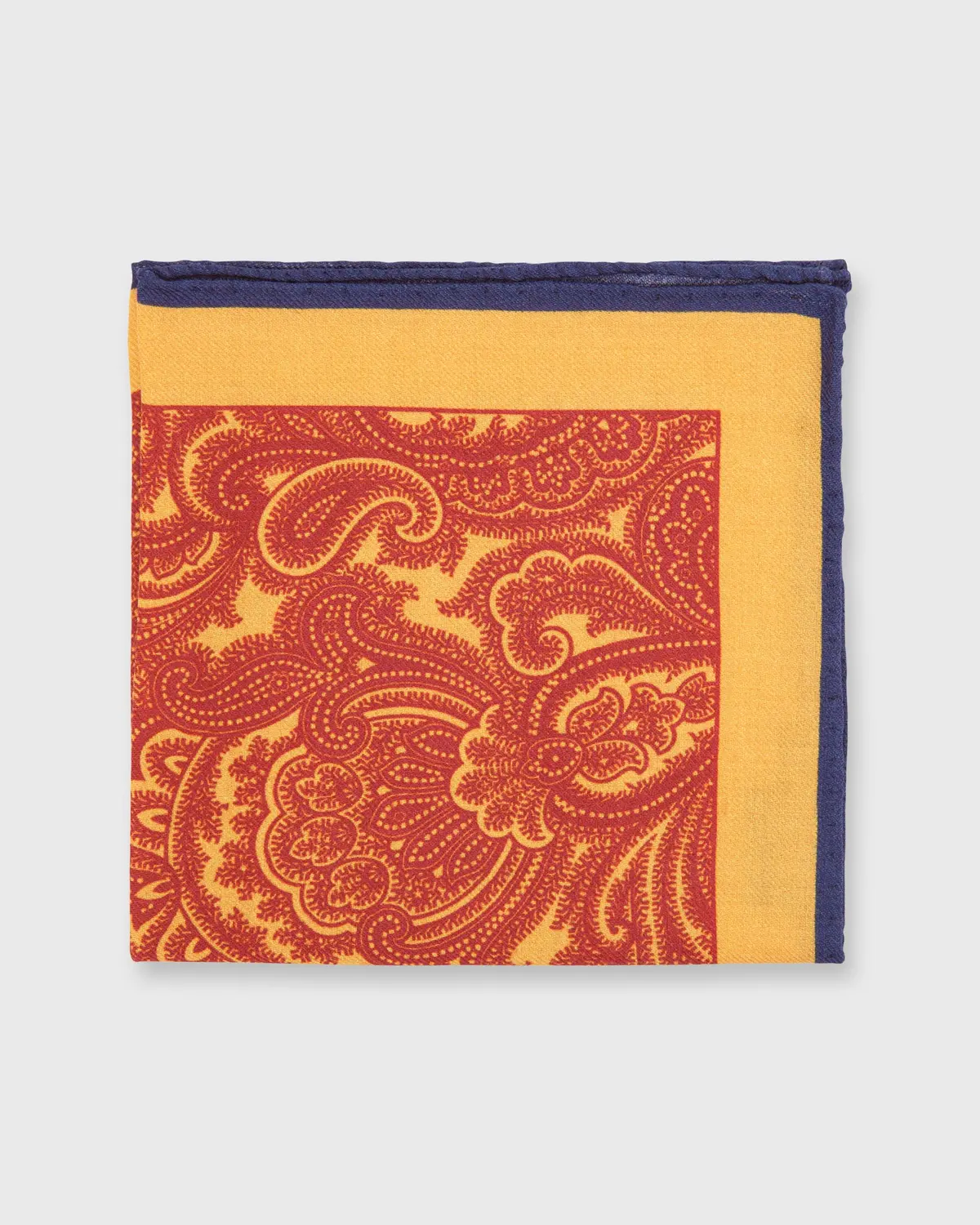 Wool/Silk Print Pocket Square In Collegiate Gold/Vermillion/Navy Large Paisley 1