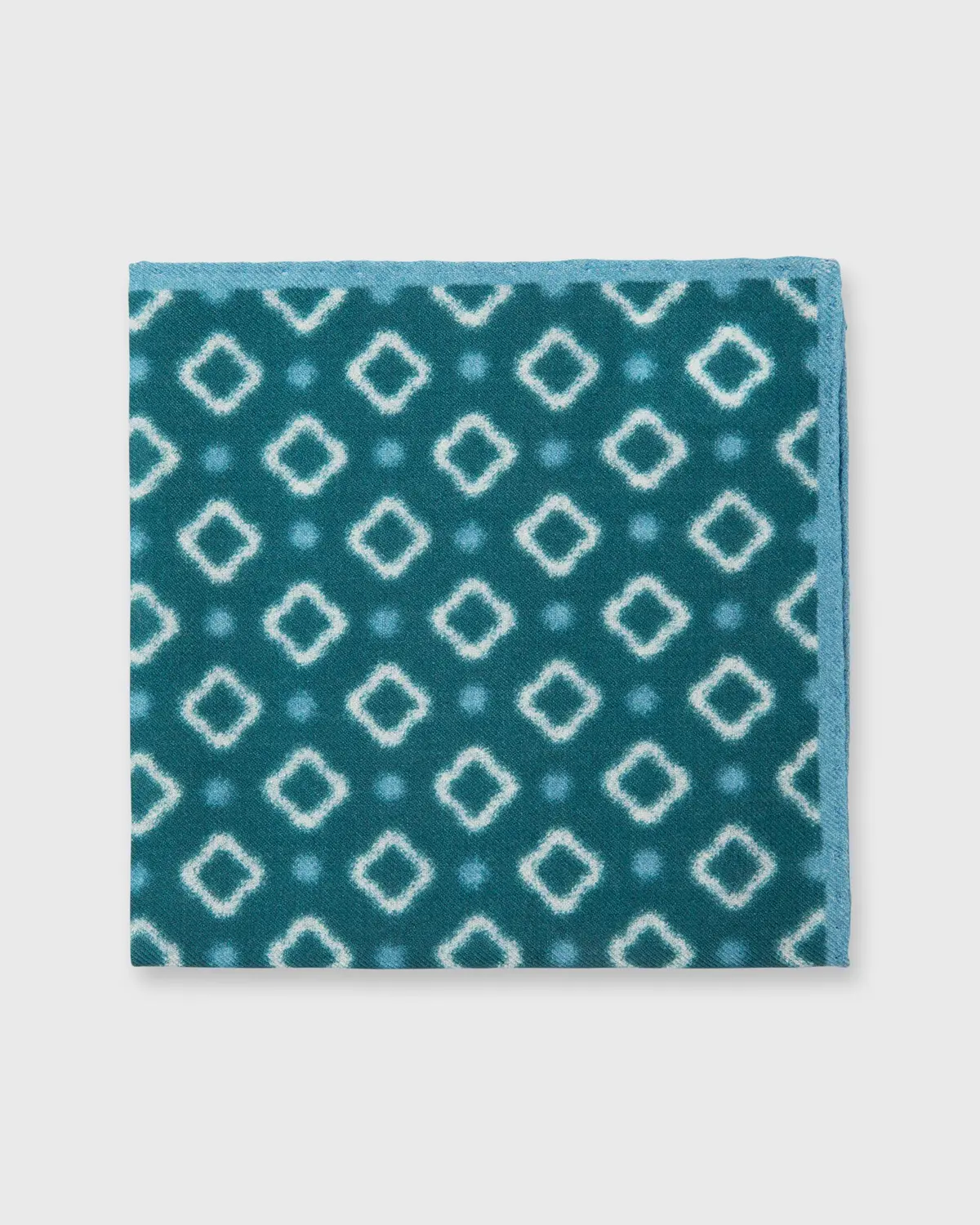 Wool/Silk Print Pocket Square In Forest/Lovat Blue/Bone Diamond 1
