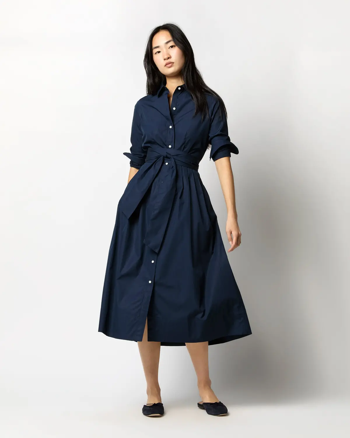Classic Shirtwaist Dress In Navy Poplin 1