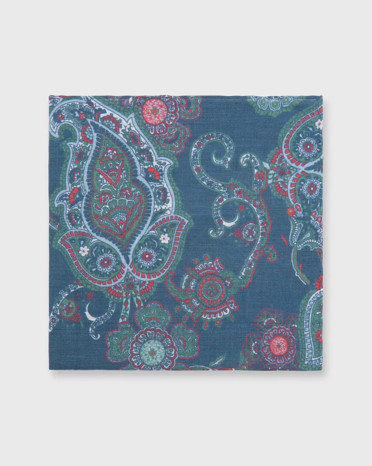 Linen/Cotton Print Pocket Square In Prussian Blue/Sage/Red Paisley 1