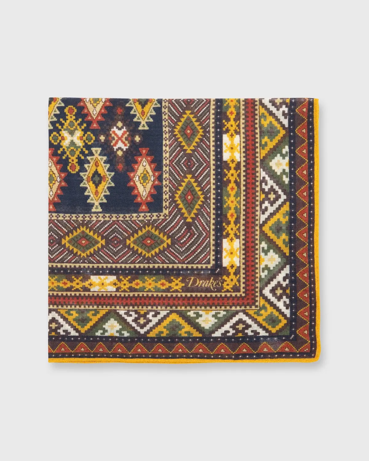 Hand-Rolled Pocket Square In Navy/Gold/Multi Geo Kelim 1