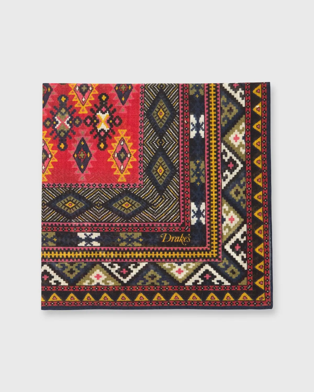 Hand-Rolled Pocket Square In Dark Navy/Tomato/Multi Geo Kelim 1