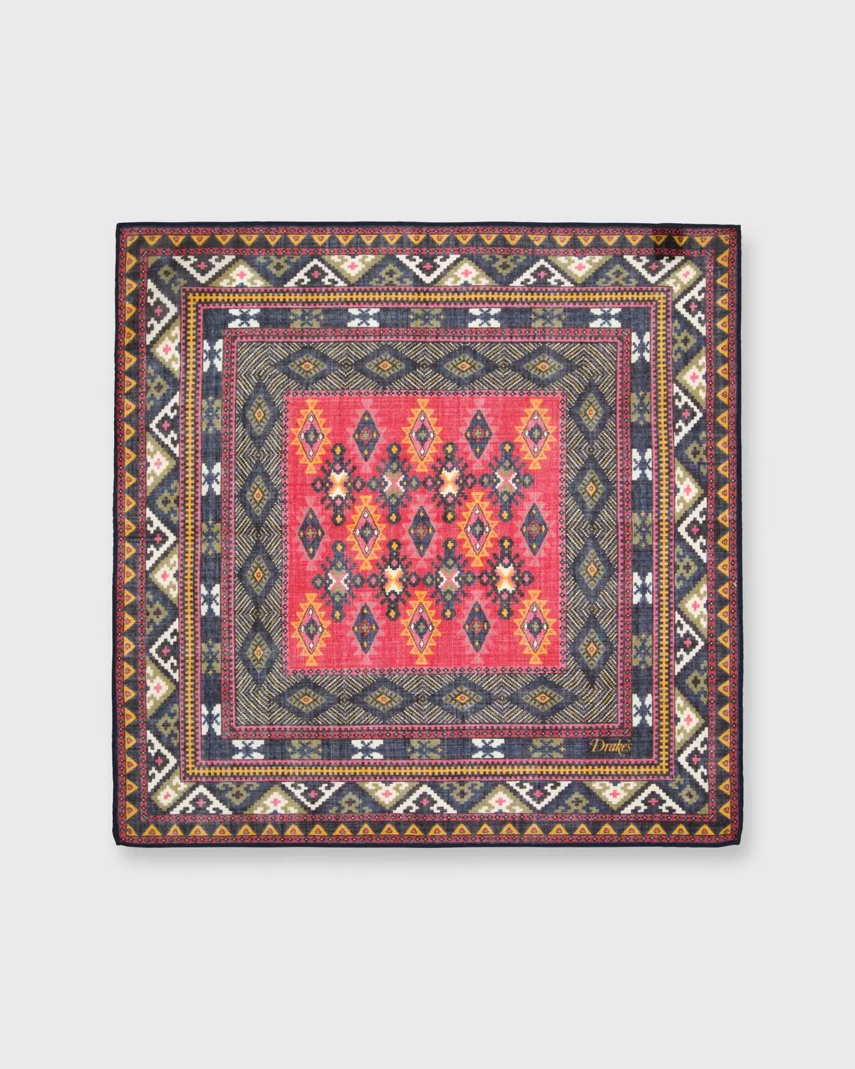 Hand-Rolled Pocket Square In Dark Navy/Tomato/Multi Geo Kelim 2