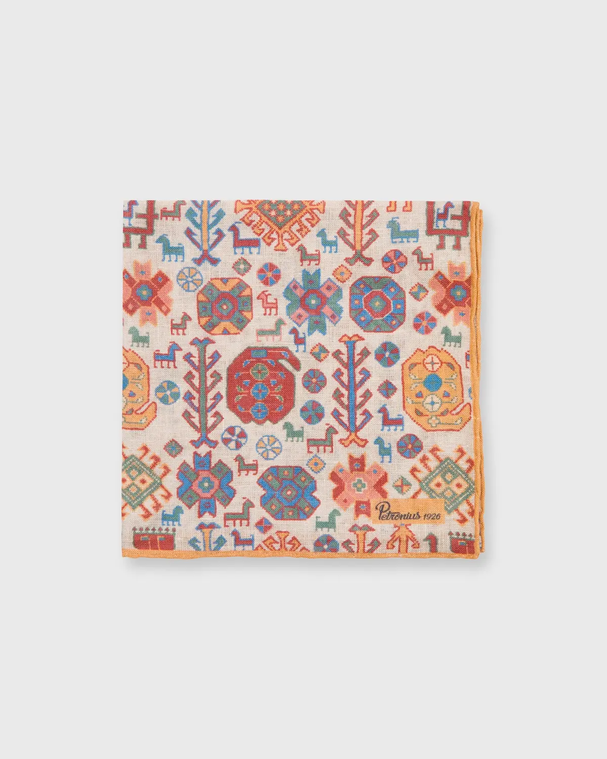Linen Pocket Square In Natural/Olive/Blue/Gold Aztec Motif 1