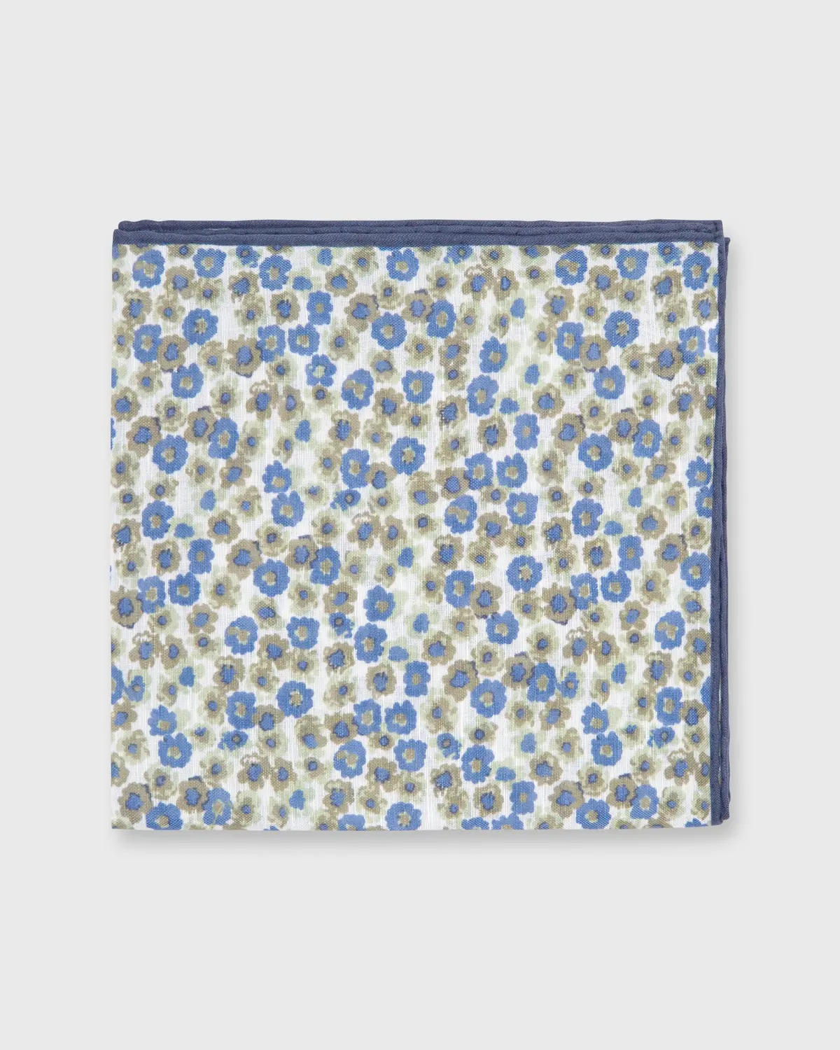 Cotton/Linen Print Pocket Square In White/Navy/Olive Floral 1