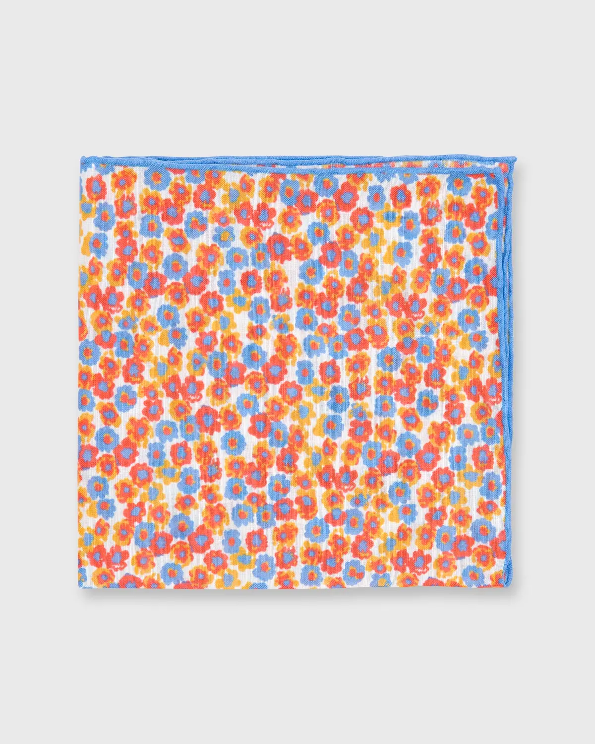 Cotton/Linen Print Pocket Square In White/Blue/Orange Floral 1