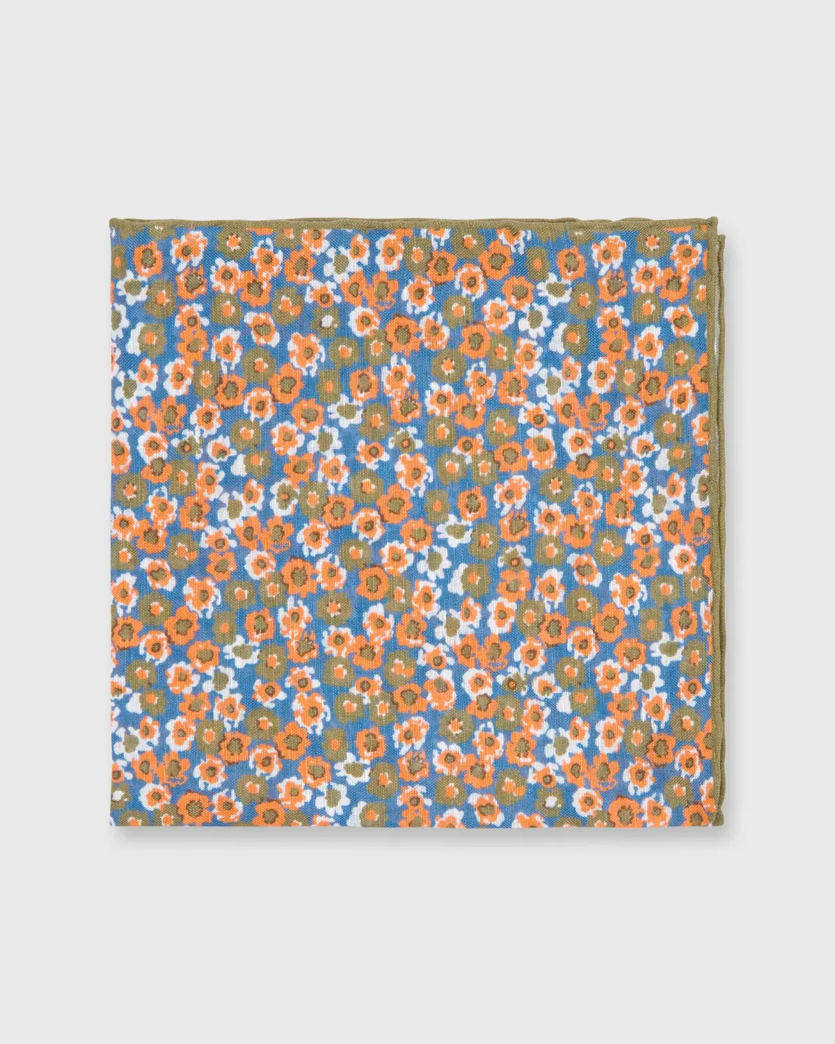 Cotton/Linen Print Pocket Square In Blue/Olive/Orange Floral 1