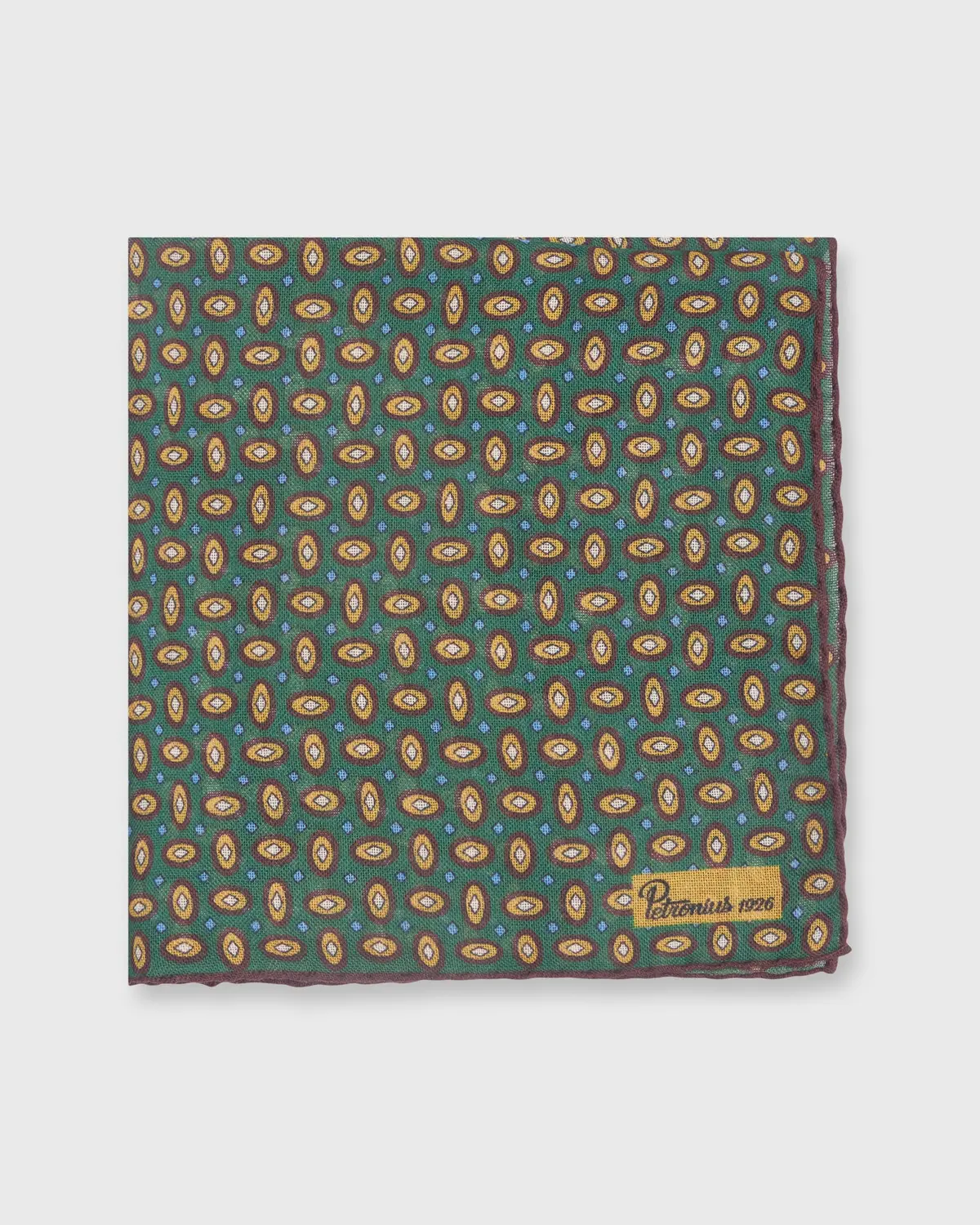 Hand-Rolled Pocket Square In Green/Brown/Yellow Oval Foulard 1