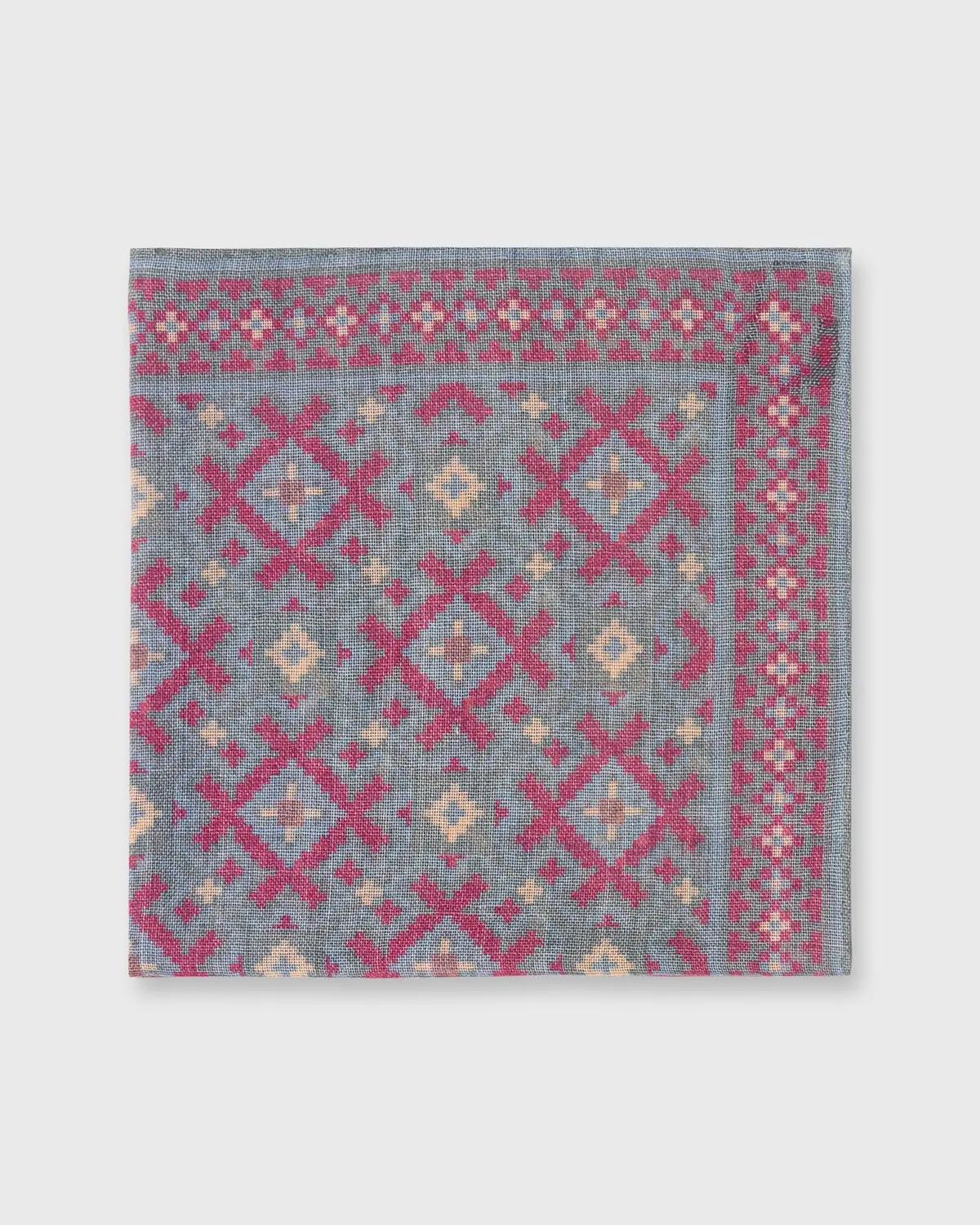 Wool/Silk Print Pocket Square In Evergreen/Burgundy/Gold Aztec 1