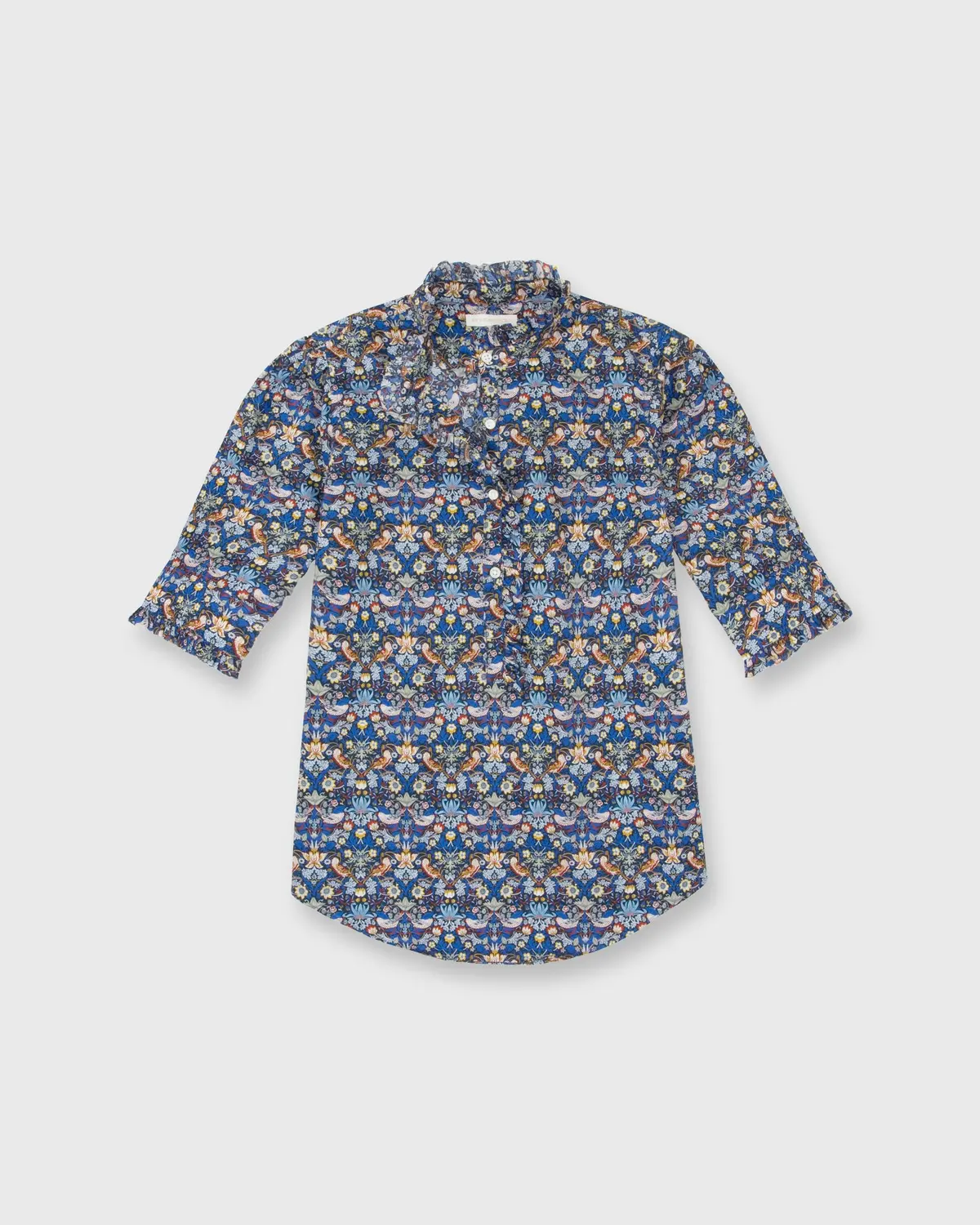 Elbow-Sleeve Frill Shirt In Blue/Gold Strawberry Thief Liberty Fabric 1