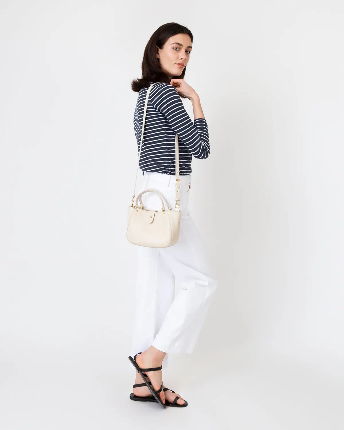 Small Annalisa Satchel Bag In Beige Leather 2