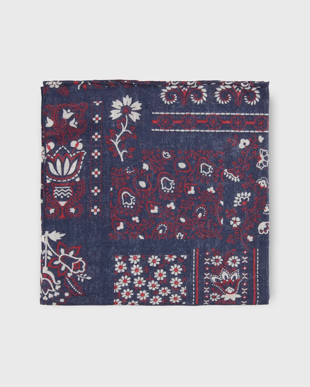Cotton Print Pocket Square In Navy Patchwork Paisley 1