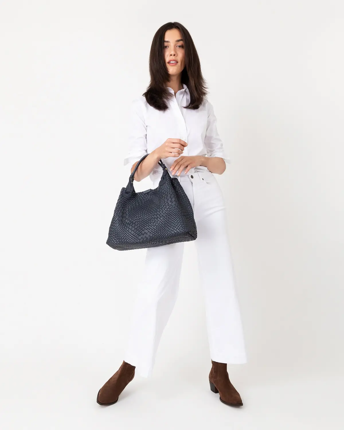 Cate Handwoven Satchel Bag In Navy Leather 2