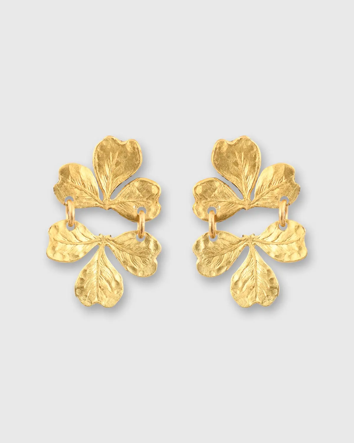 Wee Clover Earrings In Hammered Brass 1