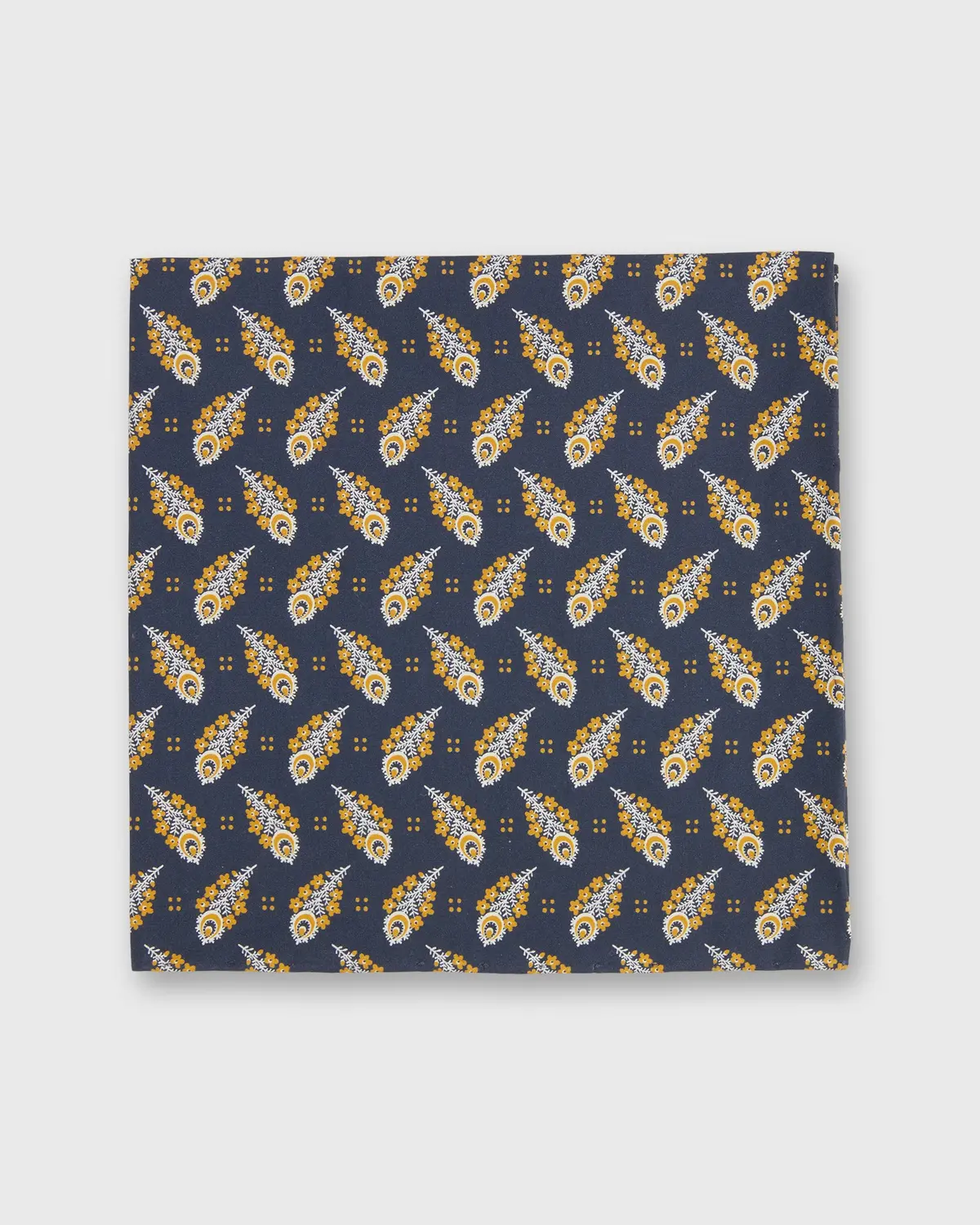 Cotton Print Pocket Square In Navy/Gold Paisley Feather Liberty Fabric 1
