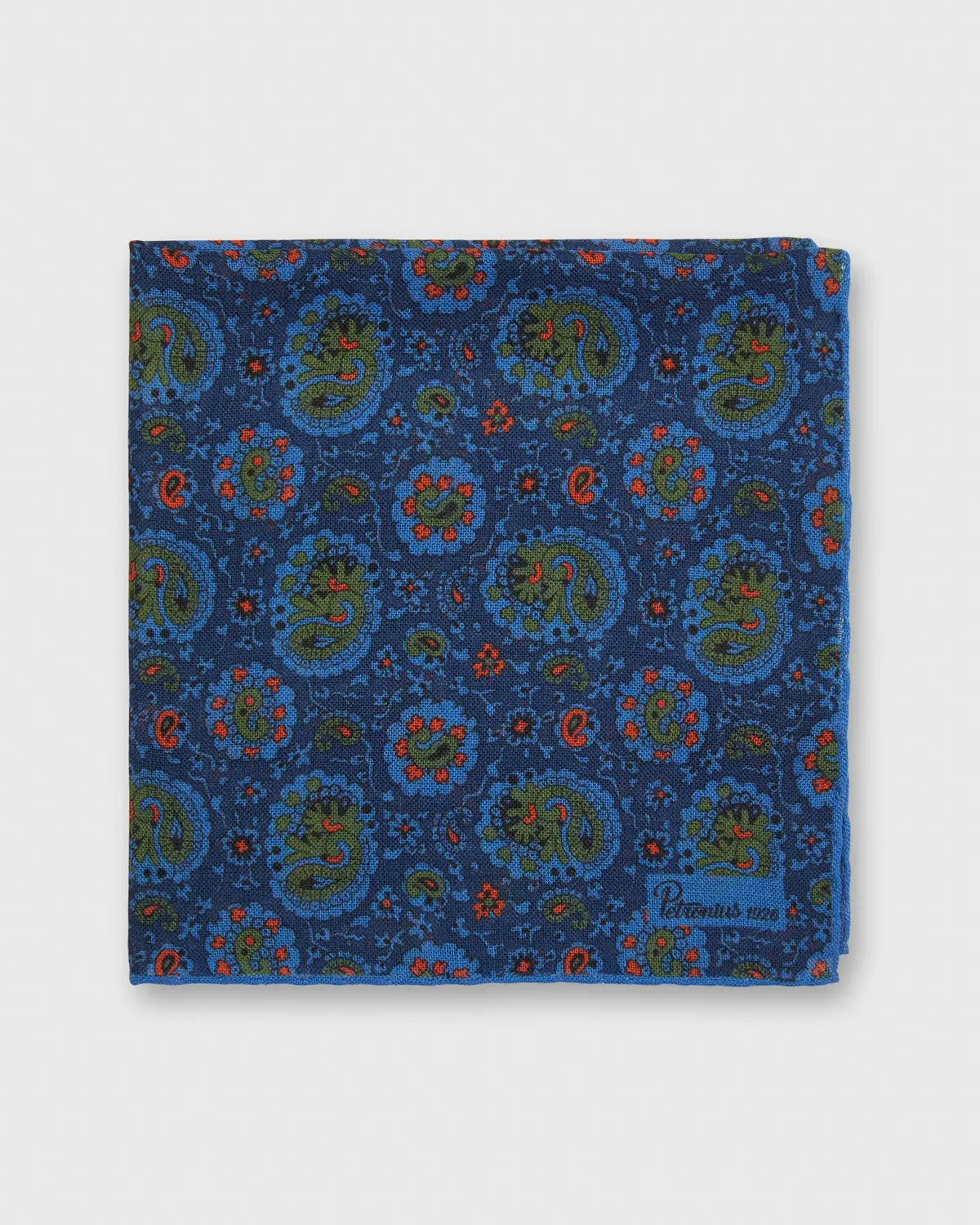 Hand-Rolled Pocket Square In Blue Paisley 1
