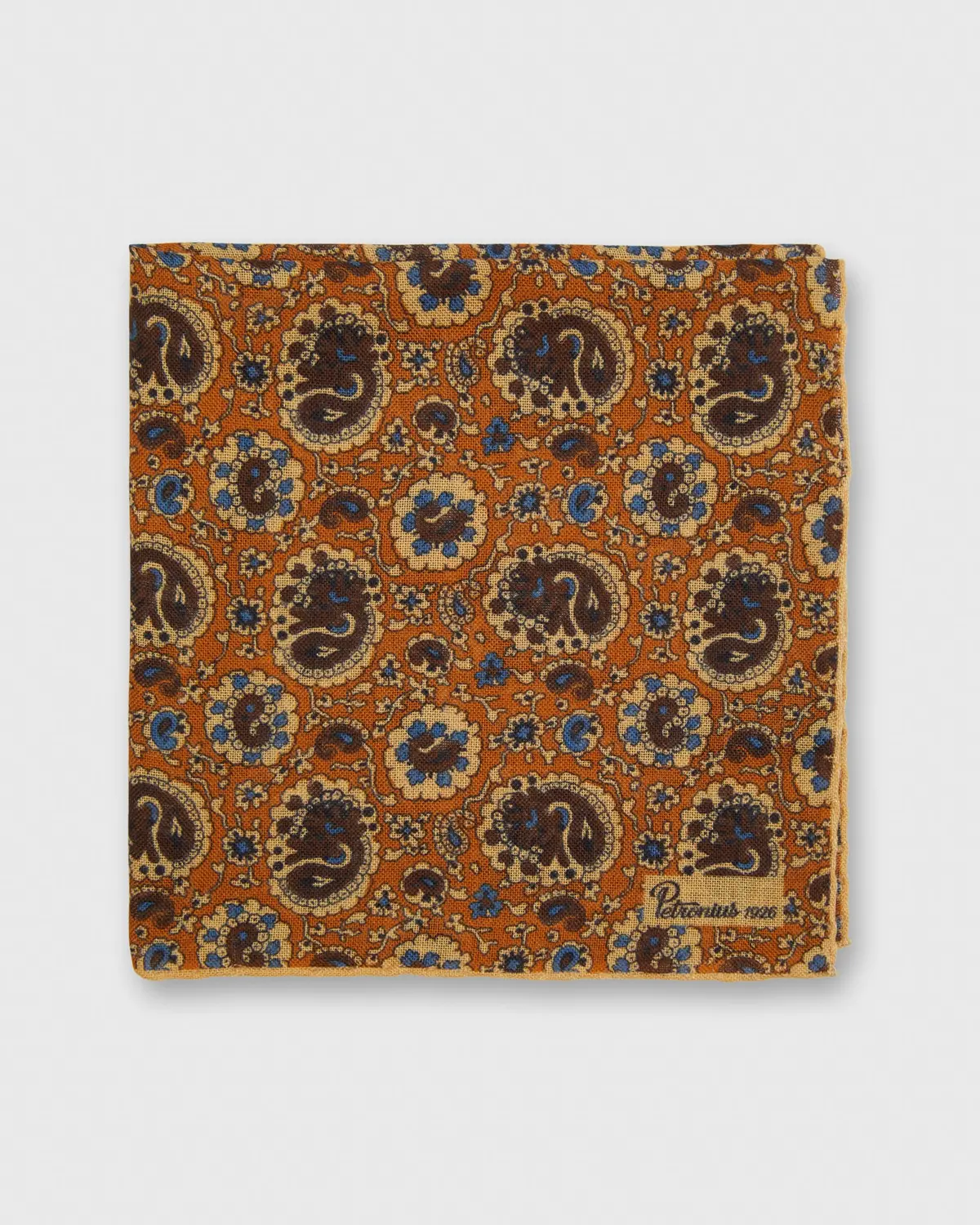 Hand-Rolled Pocket Square In Caramel Paisley 1
