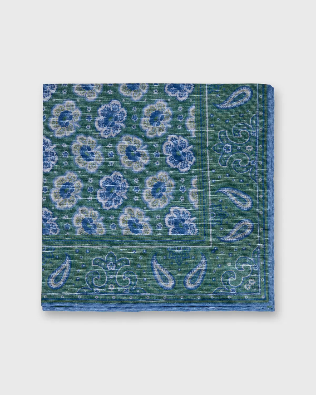 Linen/Cotton Print Pocket Square In Green/Blue Paisley 1