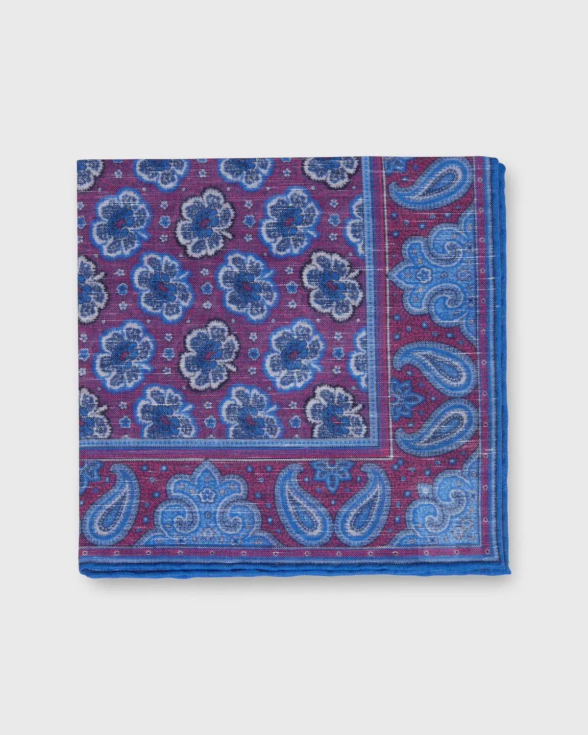 Linen/Cotton Print Pocket Square In Dark Pink/Blue Paisley 1