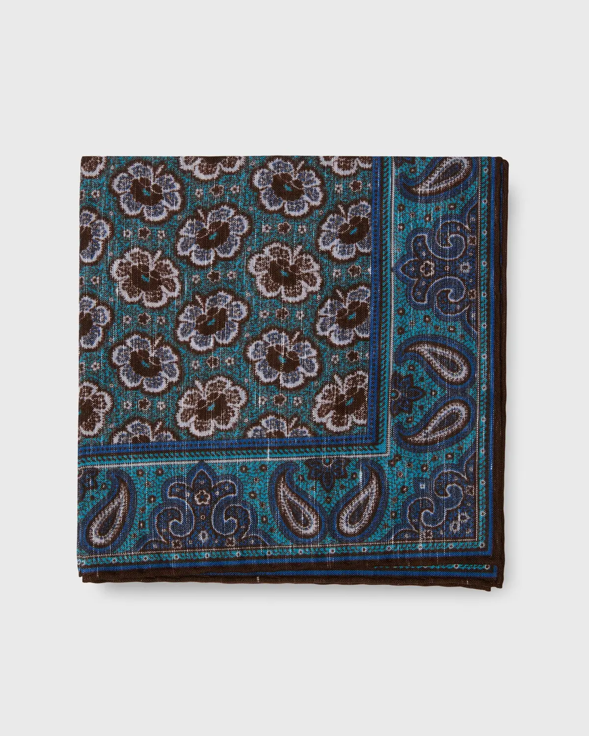 Linen/Cotton Print Pocket Square In River/Brown Paisley 1
