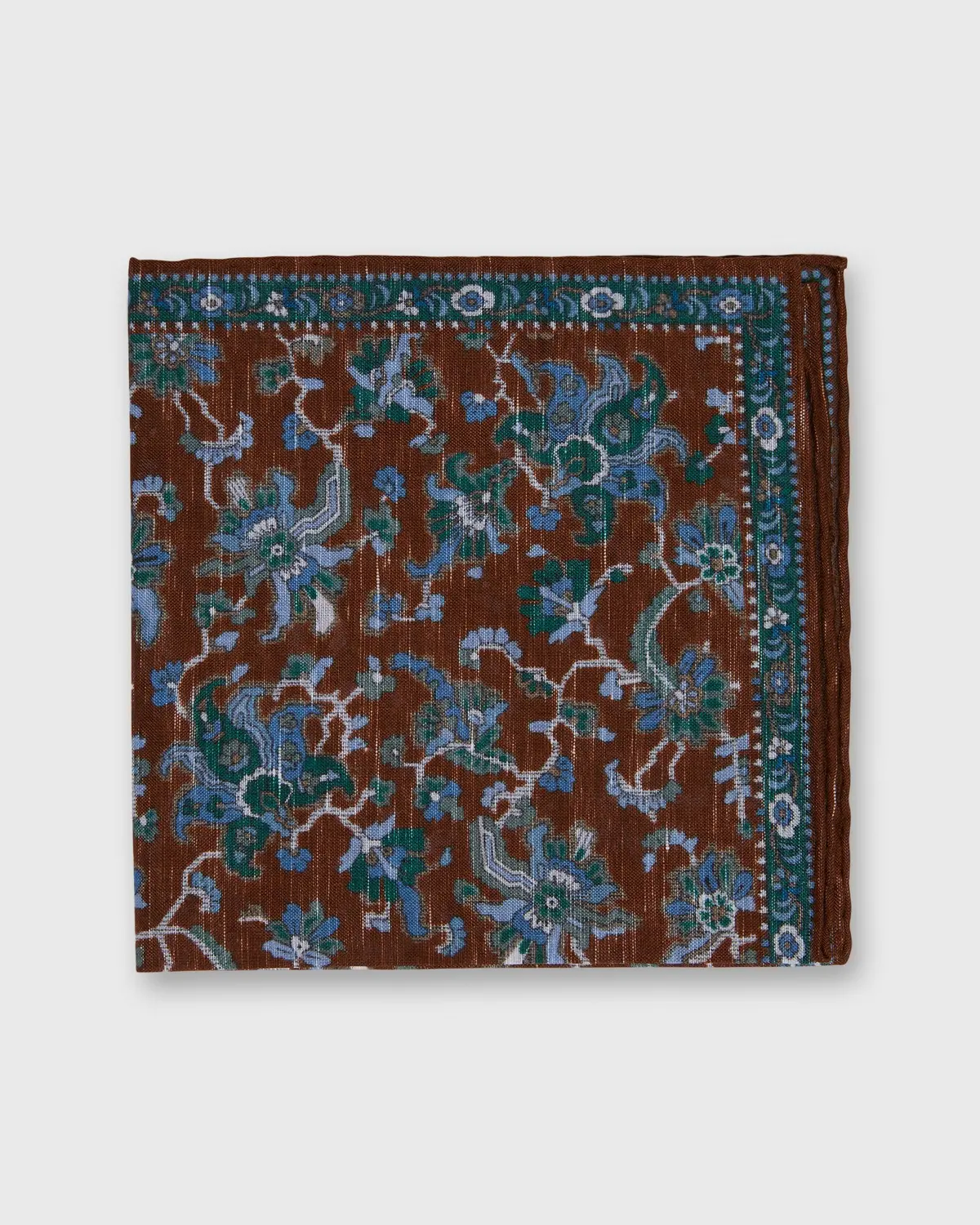 Linen/Cotton Print Pocket Square In Brown/Blue/Green Large Floral 1