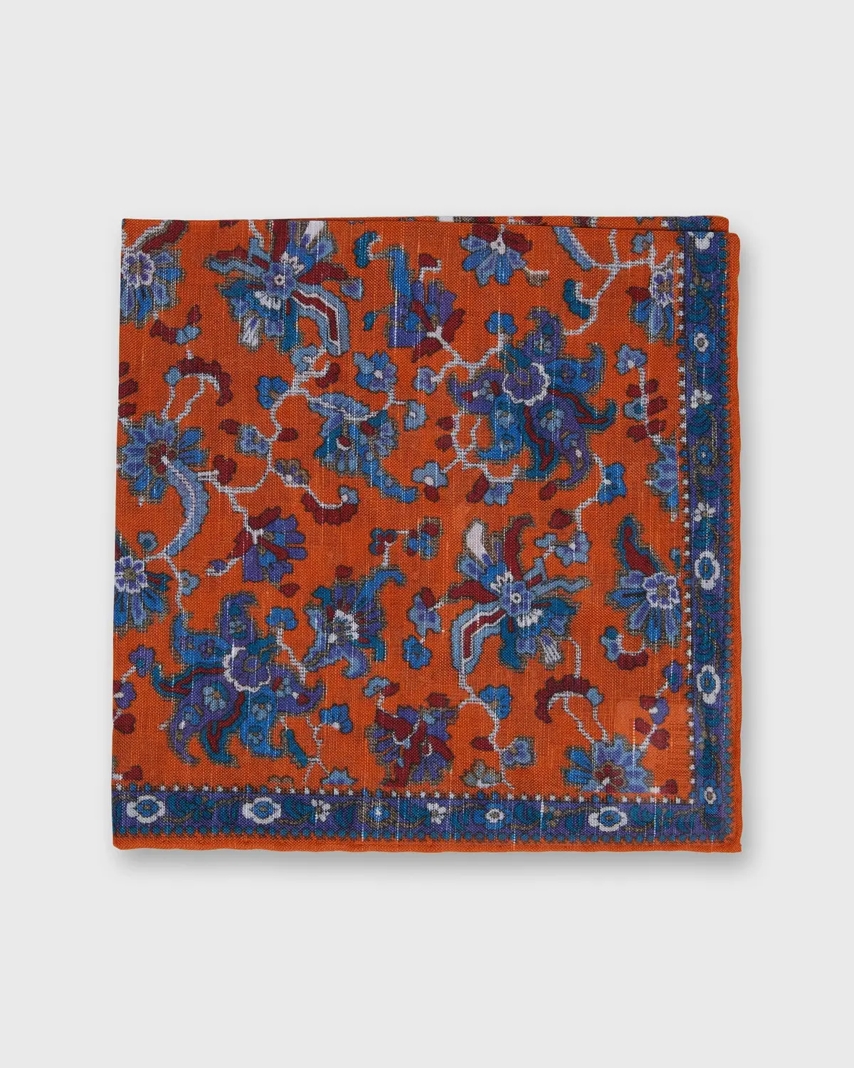 Linen/Cotton Print Pocket Square In Orange/Blue Large Floral 1