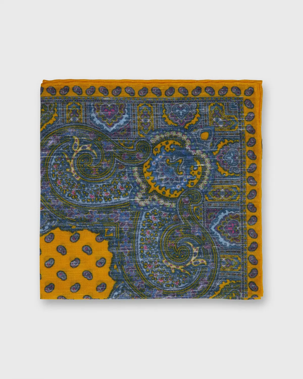 Linen/Cotton Print Pocket Square In Yellow Paisley 1