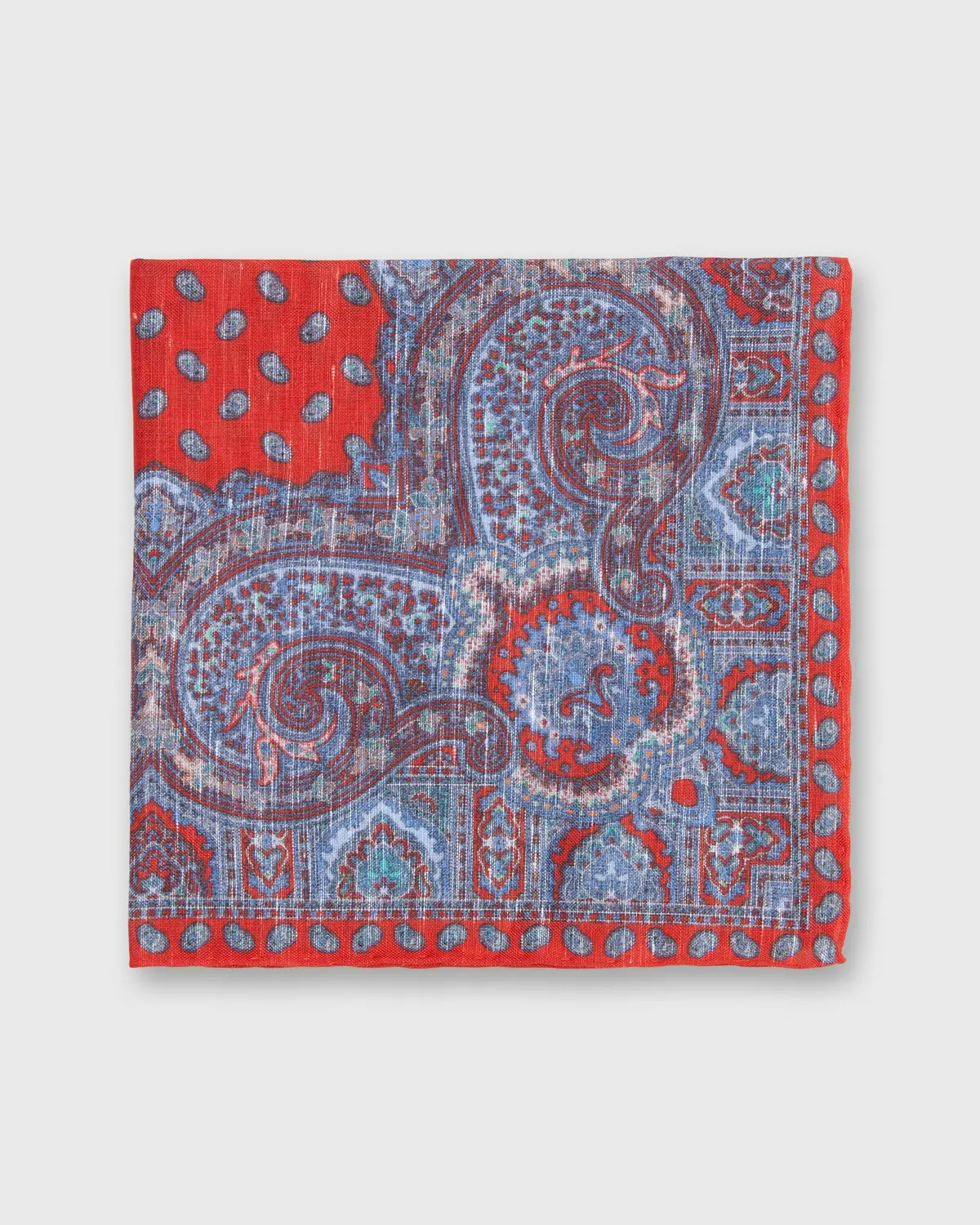 Linen/Cotton Print Pocket Square In Red Paisley 1