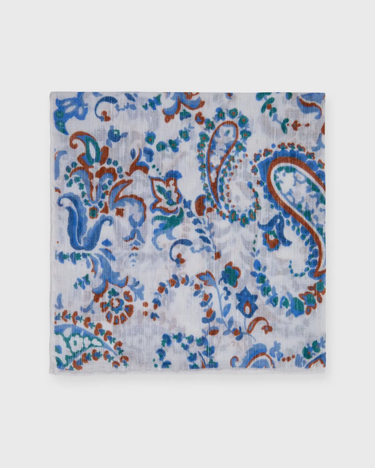 Linen/Cotton Print Pocket Square In Bone/Blue/Tan Paisley Floral 1
