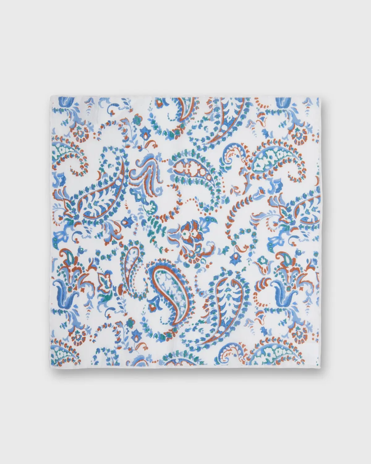 Linen/Cotton Print Pocket Square In Bone/Blue/Tan Paisley Floral 2