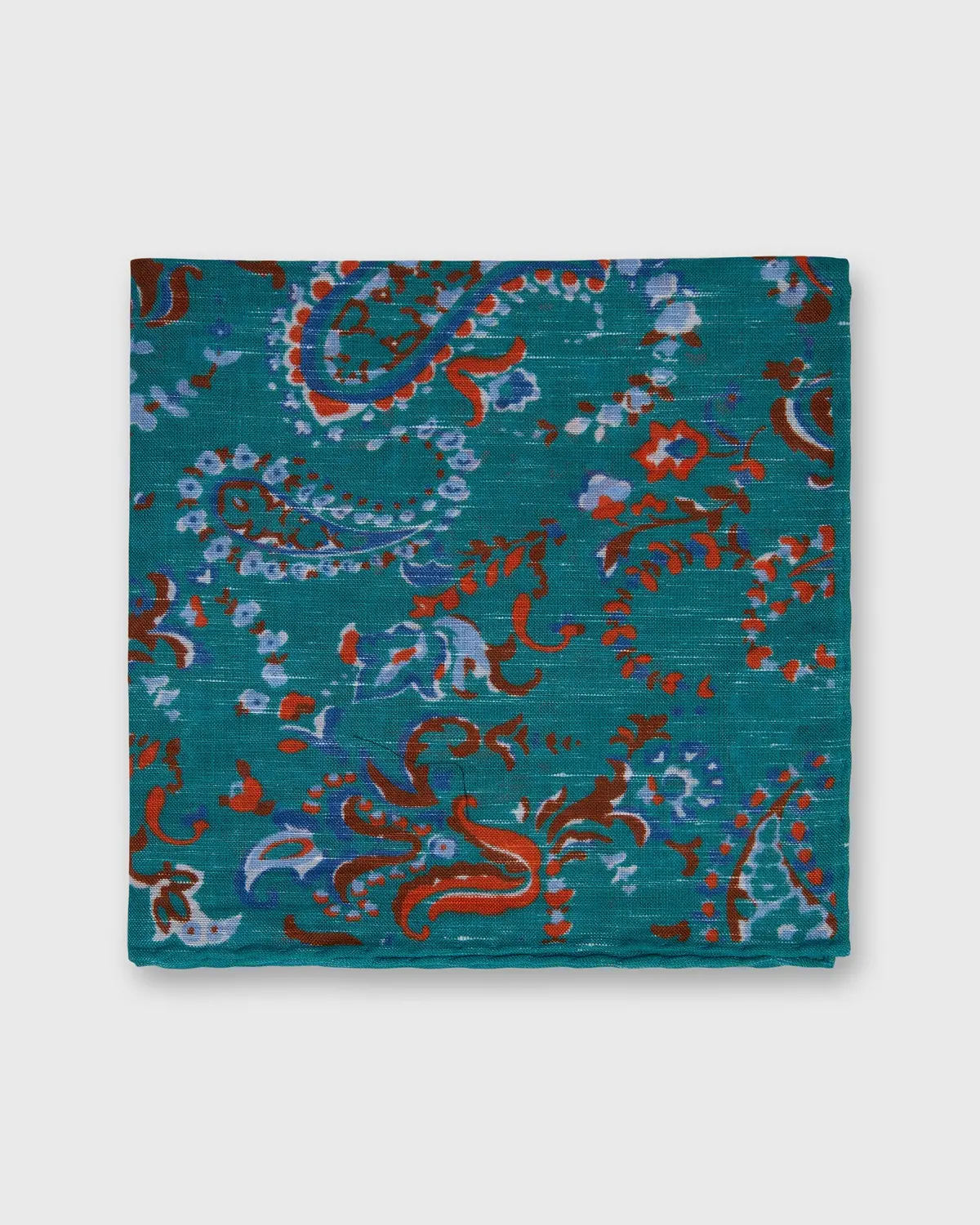 Linen/Cotton Print Pocket Square In River/Orange Paisley Floral 1