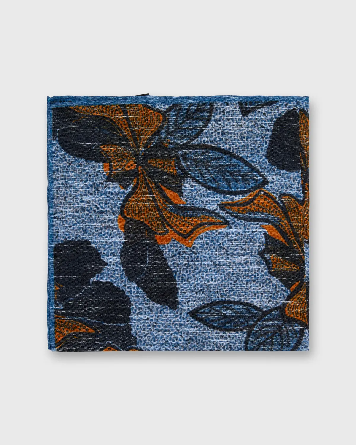 Linen/Cotton Print Pocket Square In Blue/Gold Large Flower 1