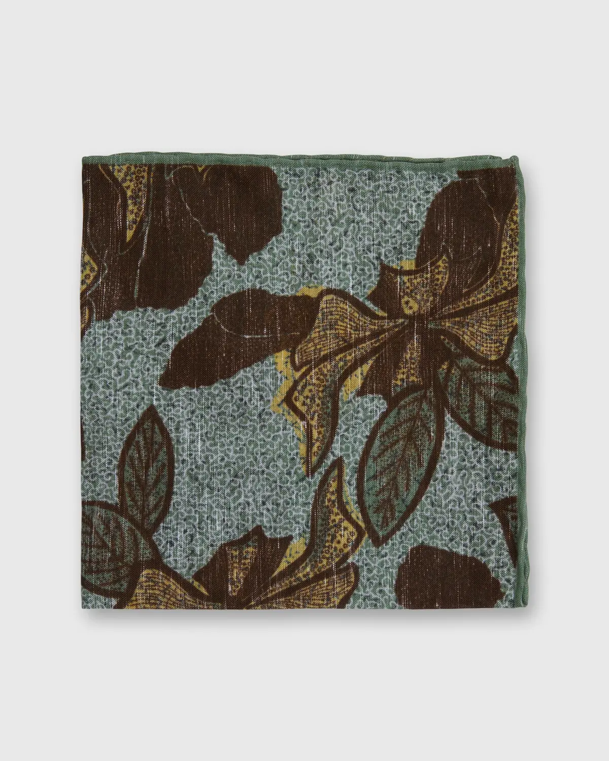 Linen/Cotton Print Pocket Square In Sage/Brown Large Flower 1