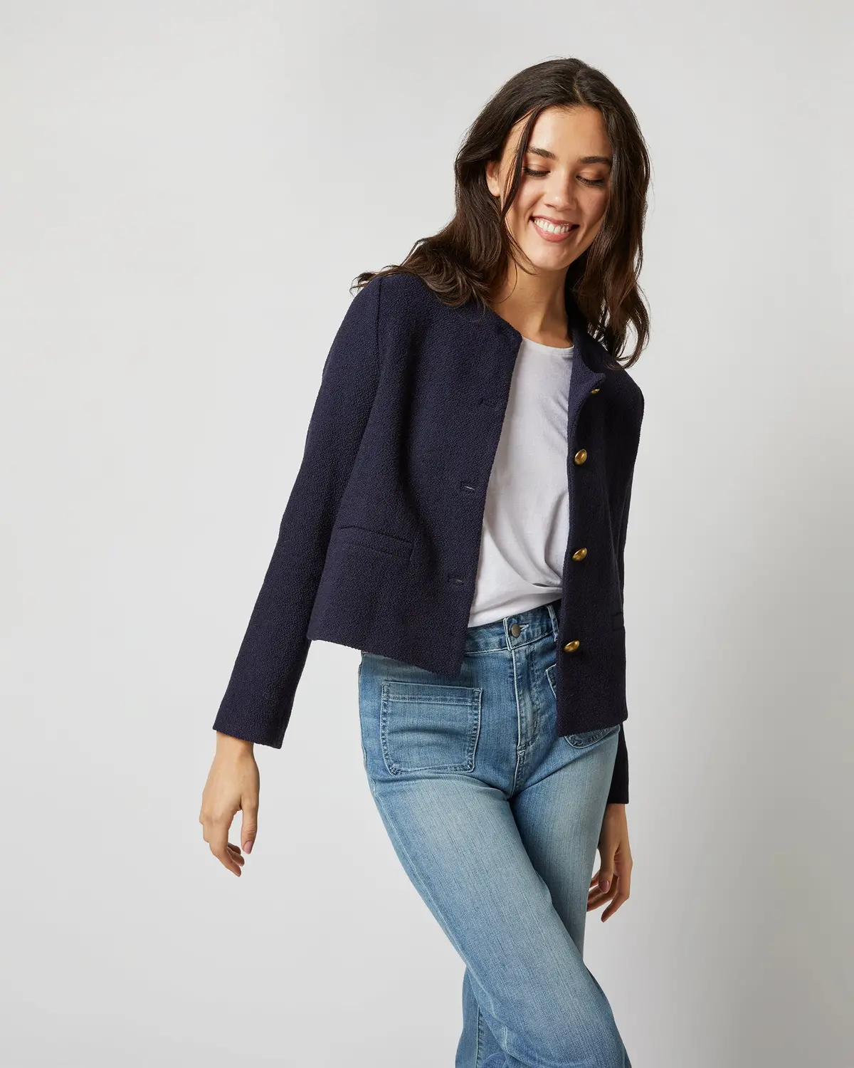 Megan Cardigan Jacket In Navy Bouclé Tweed 1