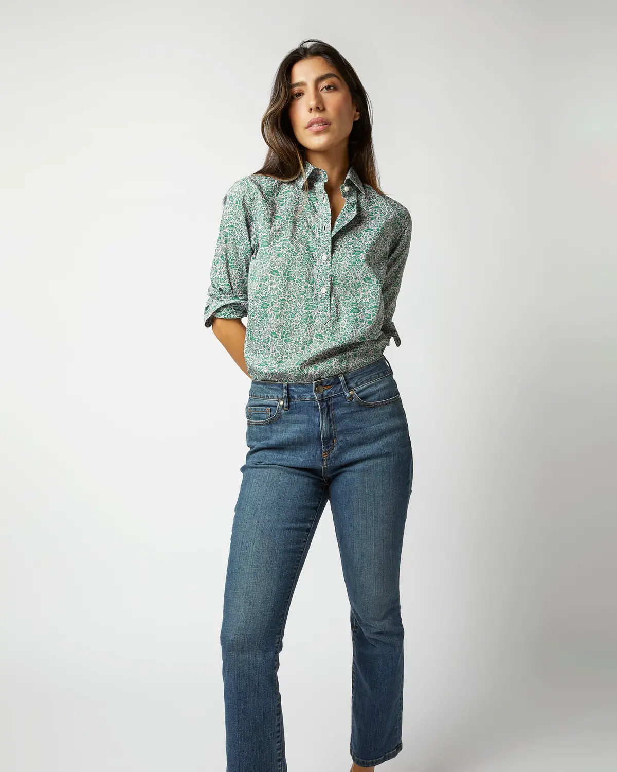 Tomboy Popover Shirt In Green/Rose Poppy Day Liberty Fabric 1