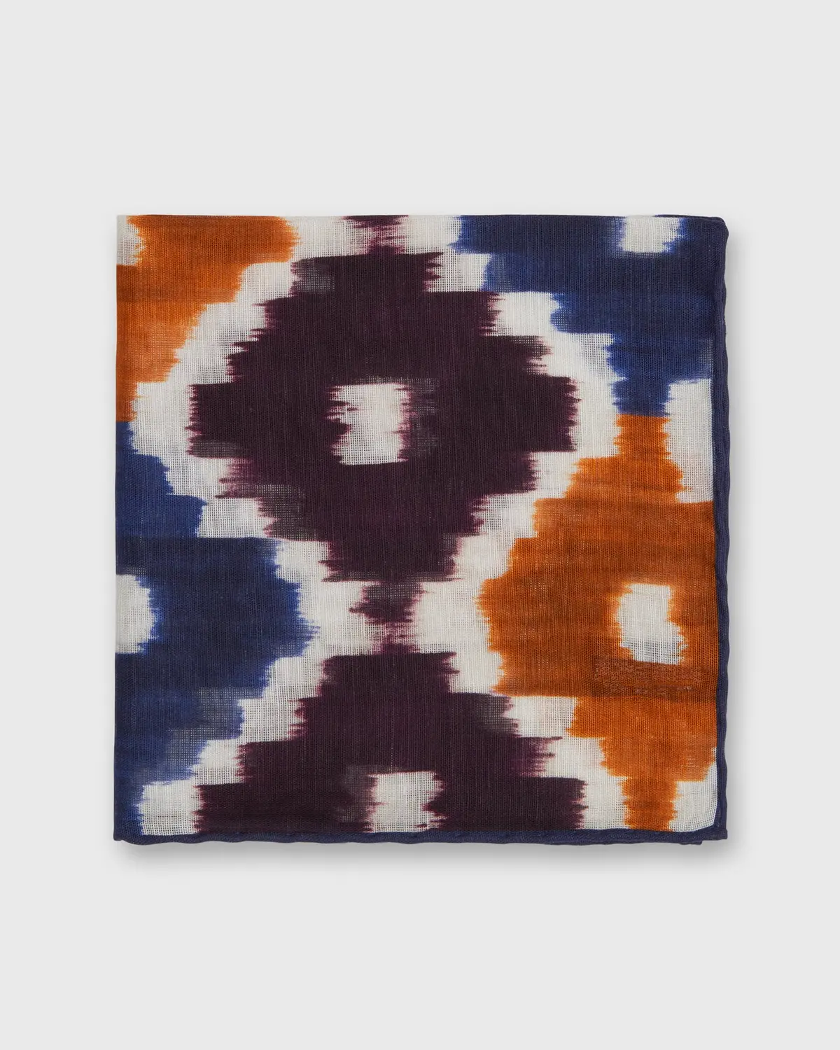 Cotton/Linen Print Pocket Square In Ginger/Navy Ikat 1