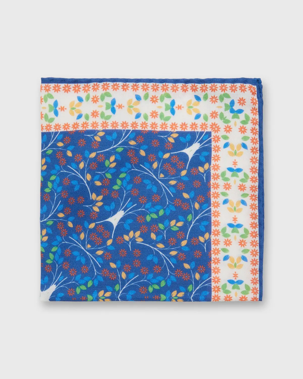 Cotton/Linen Print Pocket Square In Blue/Orange Multi Florals 1