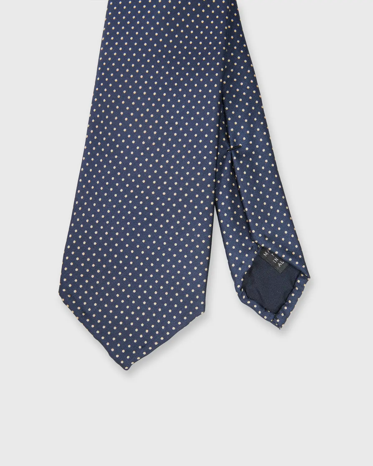 Silk Print Tie In Navy/Yellow Pin Dot 1