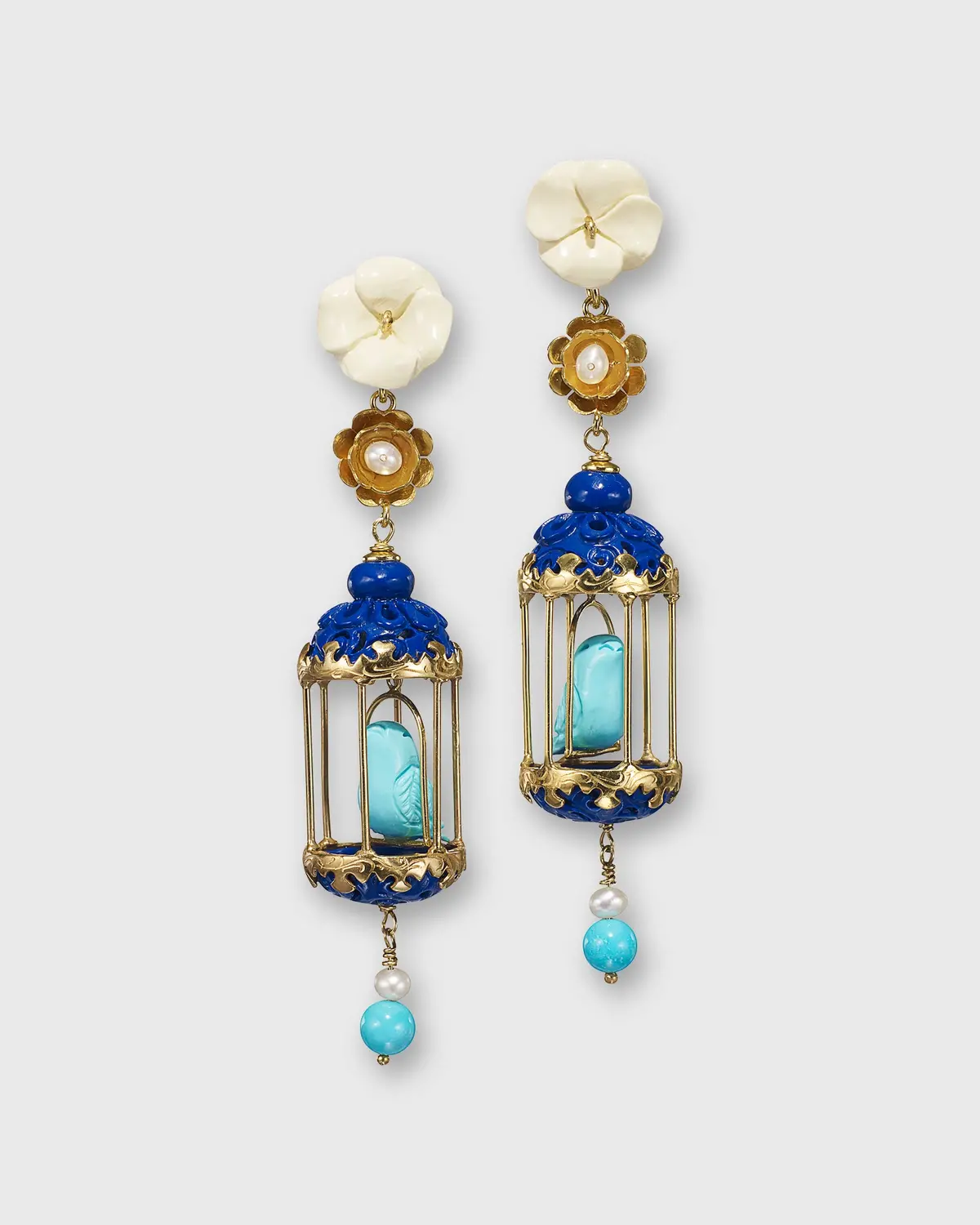 Aviary Classic Earrings In Gold/White/Lapis/Turquoise 1