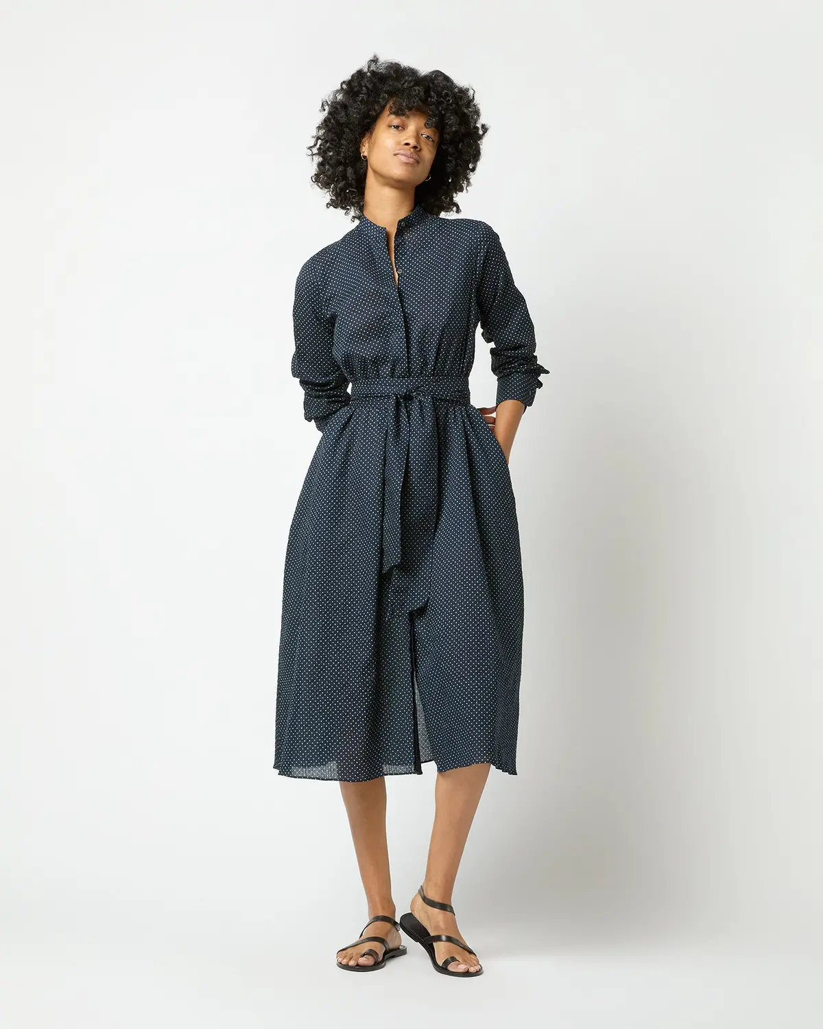 Long-Sleeved Gianna Dress In Navy/Green Small Dot Seersucker 1