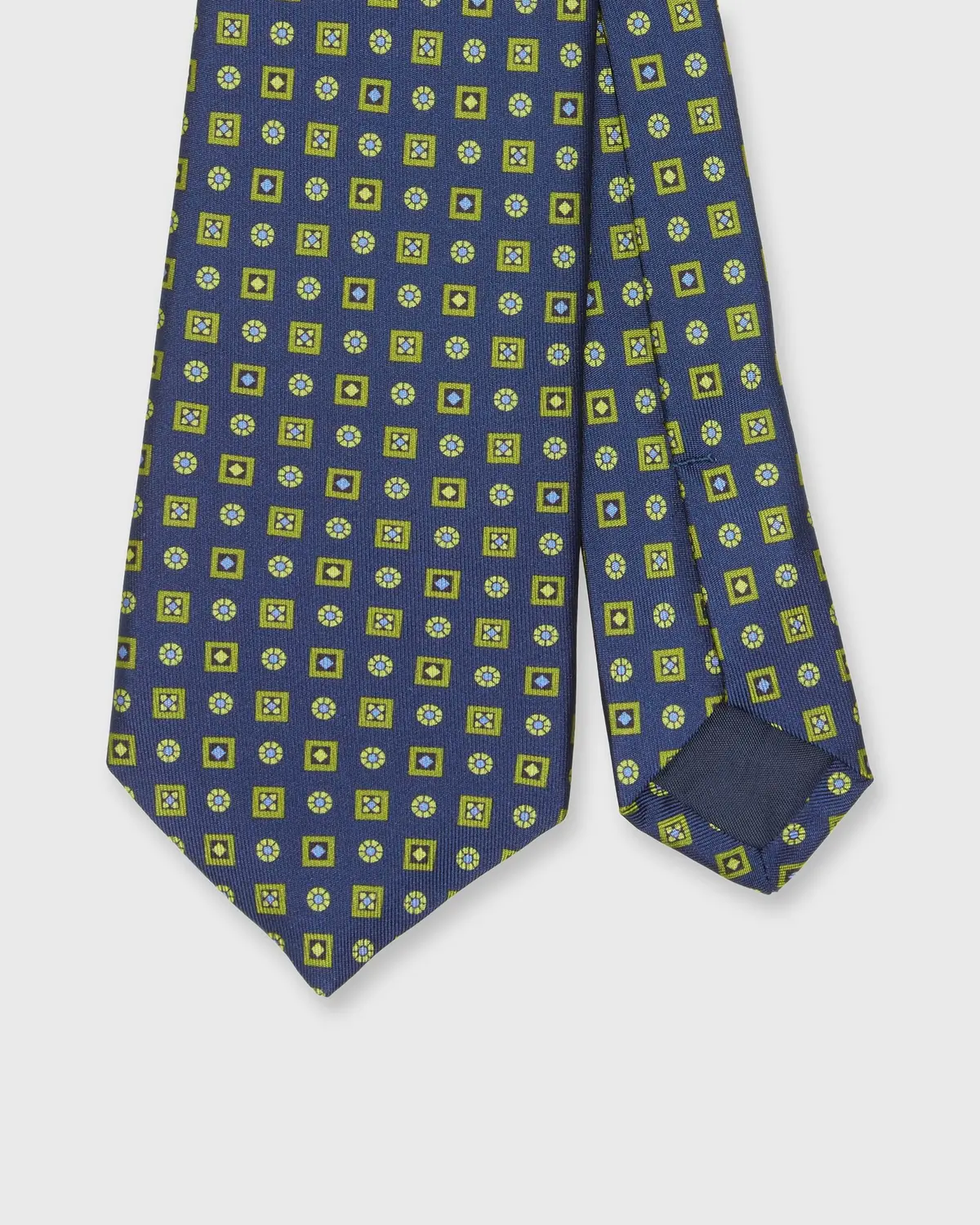 Silk Print Tie In Navy/Lime Shapes 1
