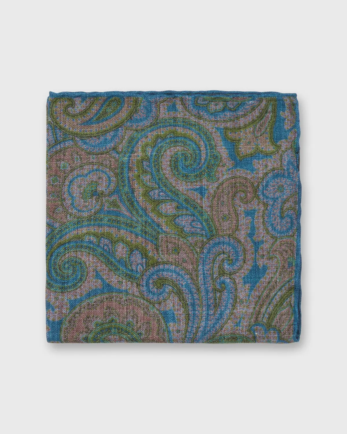 Wool/Silk Pocket Square In Lovat/Navy Paisley 1