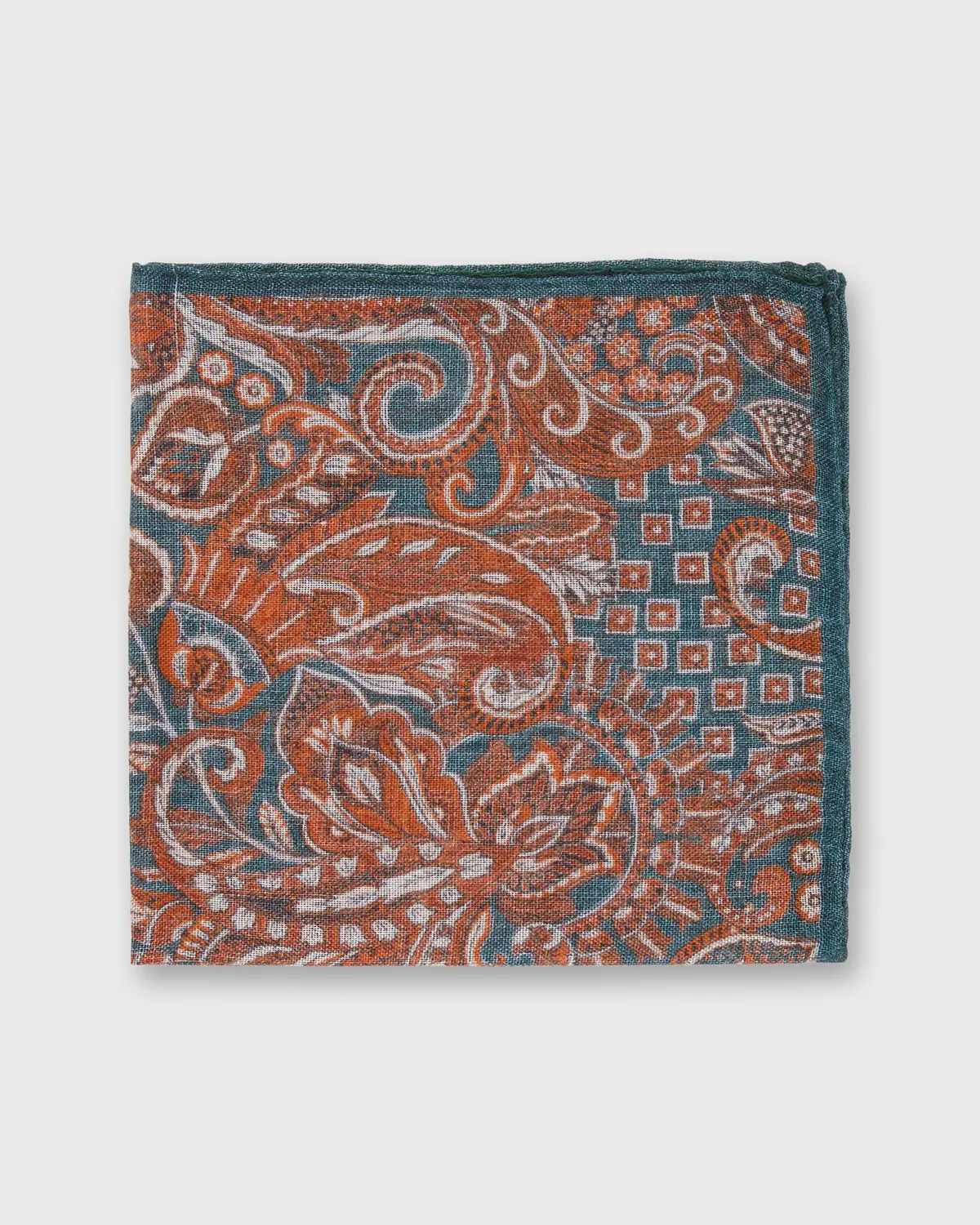 Wool/Silk Pocket Square In Lovat/Orange Floral 1