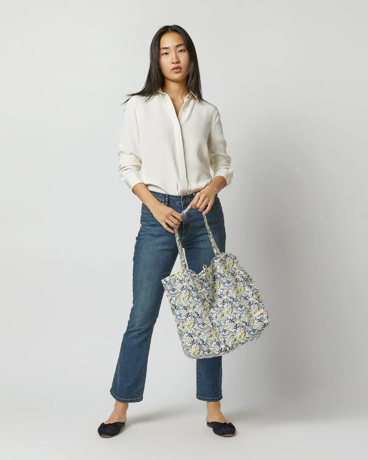 Reusable Tote Bag In Blue/Yellow Heidy Meadow Liberty Fabric 2