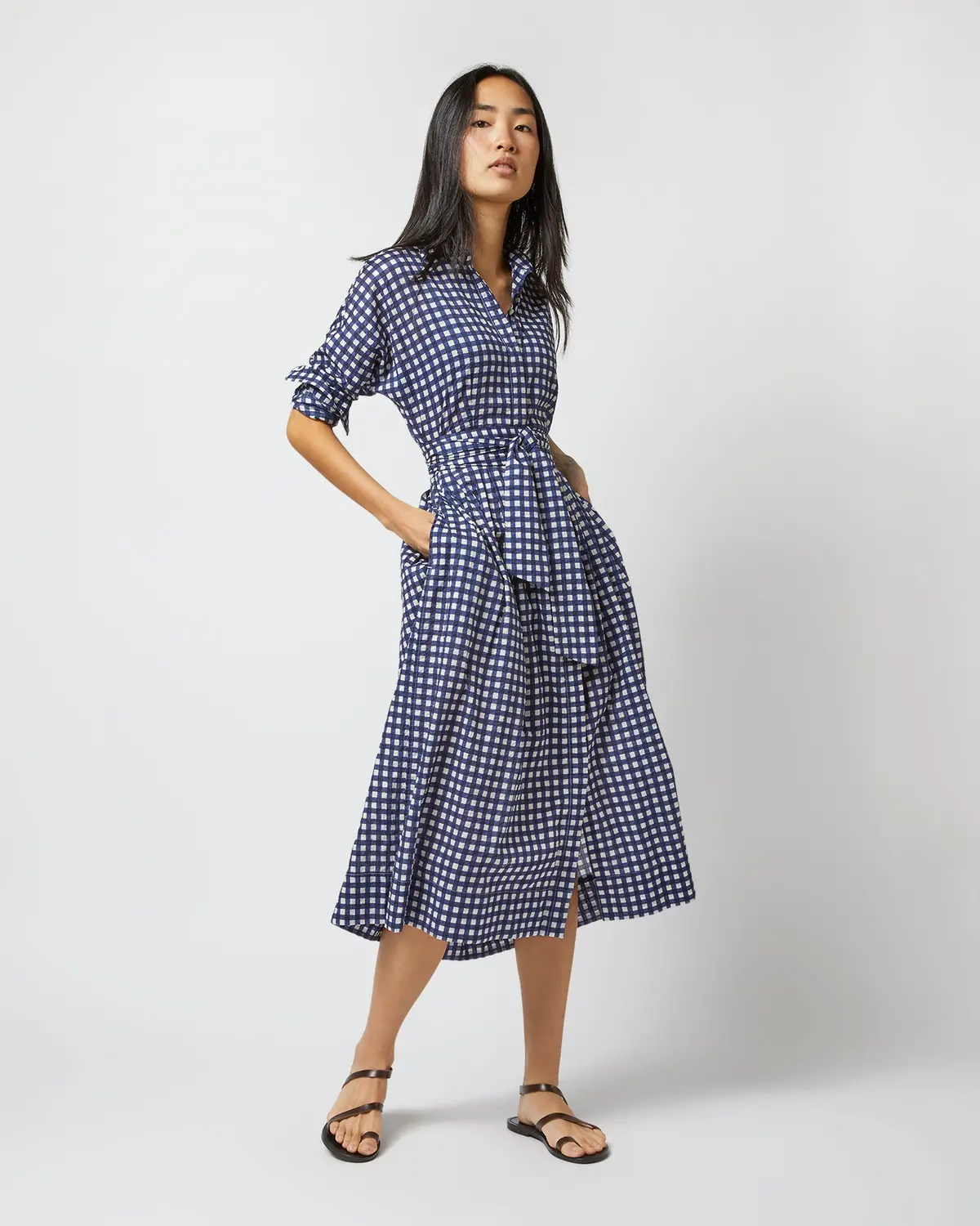 Kimono Shirtwaist Dress In Navy/Ivory Gingham Seersucker 1