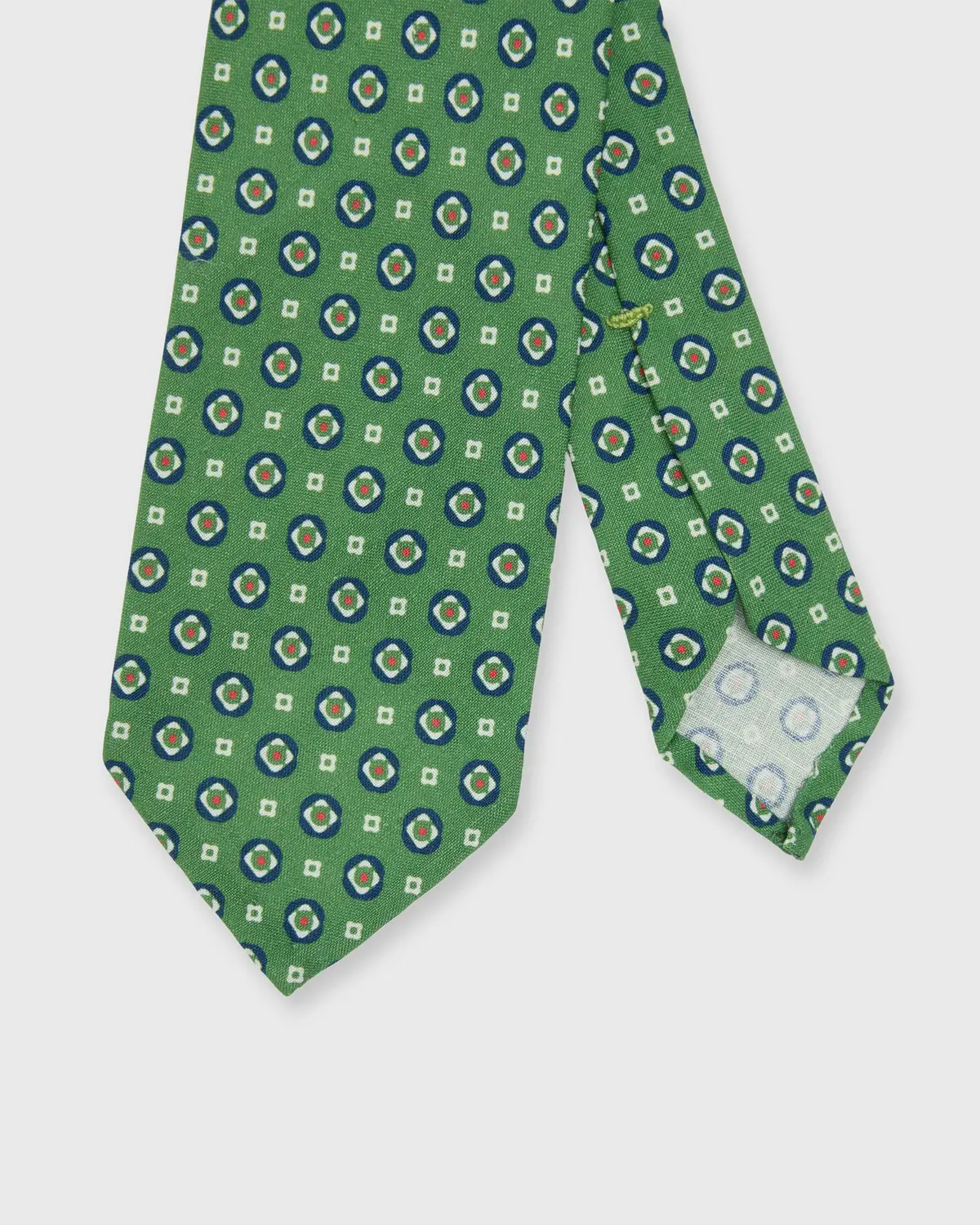 Linen/Silk Print Tie In Avocado/Navy Medallion 1